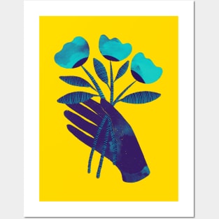 Dark purple blue hand with turquoise flowers for you on yellow Posters and Art